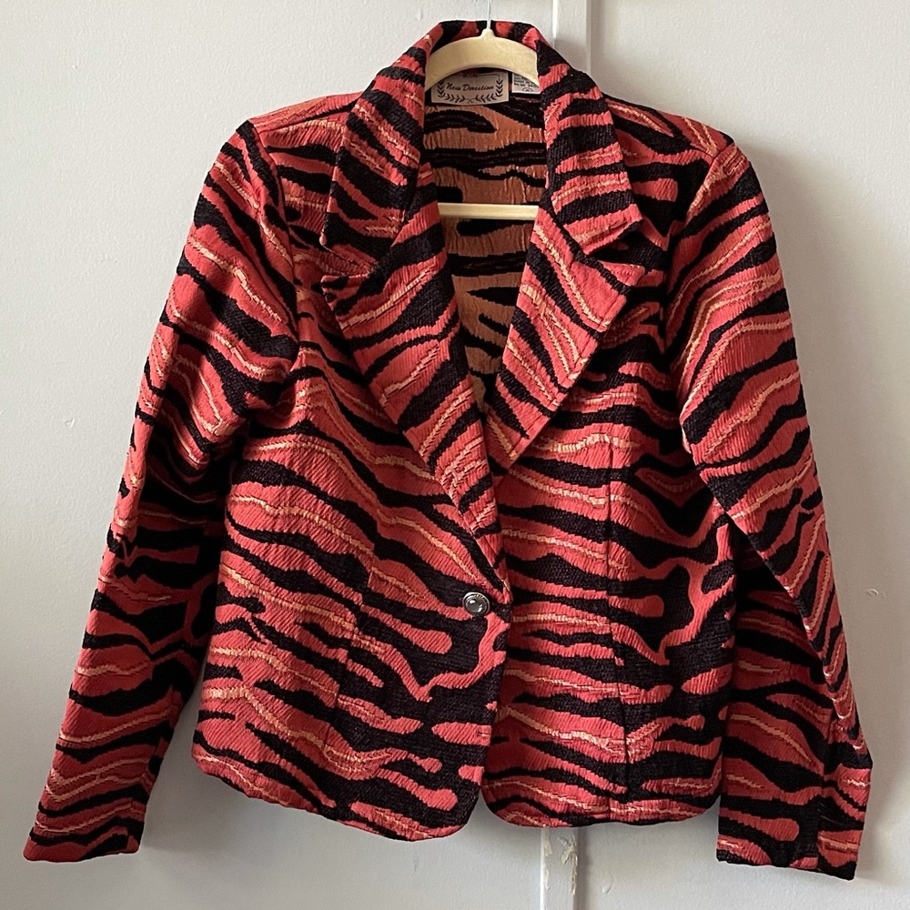 Orange red, black and gold striped blazer jacket.